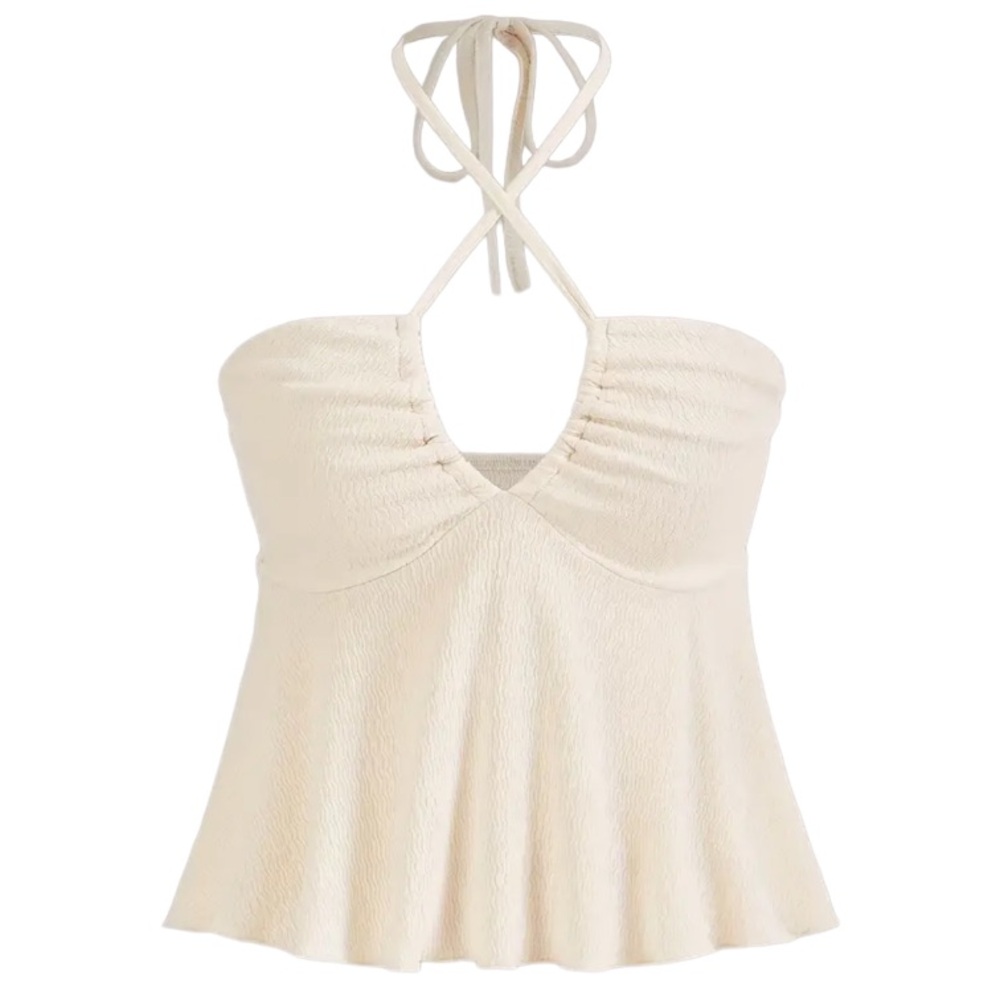 NEW Textured Beige Halter Crop Top Versatile Keyhole Tube Ties A-Line Swing XS